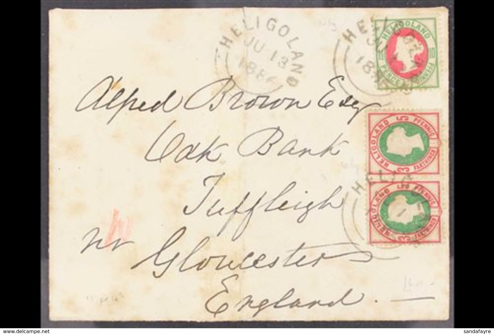 1886 (13 Jul) Env To England Bearing 5pf (¾d) Pair & 10pf (1½d) Tied Heligoland Cds's, Staining, Central Fold & Flap Mis - Heligoland (1867-1890)