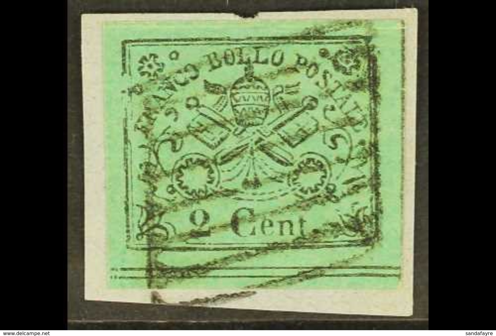 PAPAL STATES 1867 2c Black On Yellow-green, Imperf, SG 30, Sassone 13, Good Used On Small Piece, Margins Cut Well Clear  - Sin Clasificación