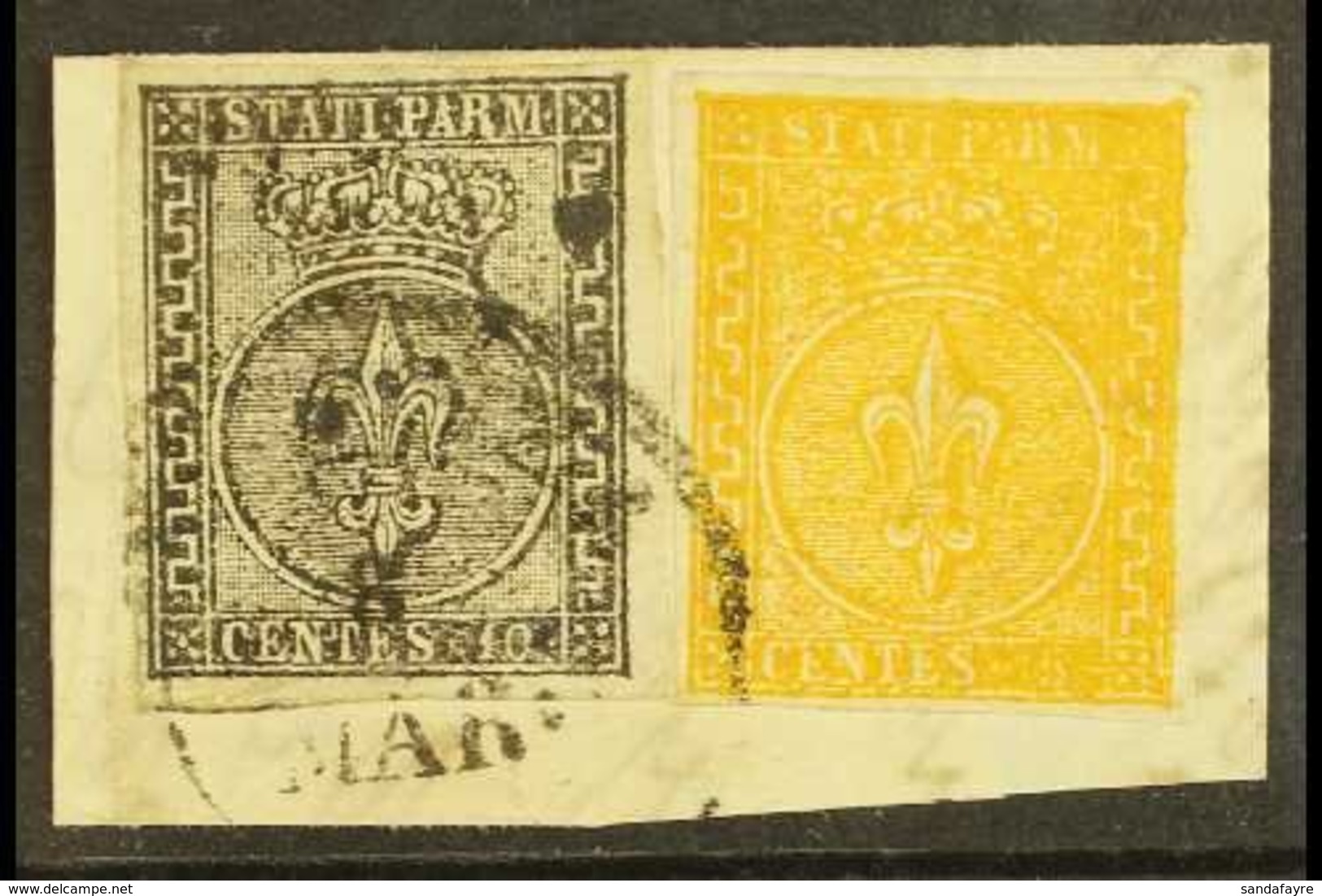 PARMA 1852 10c Black On White And 1853 5c Orange Yellow, Sass 2+6, Very Fine Used Together On Piece Tied By Piacenza 6 M - Sin Clasificación
