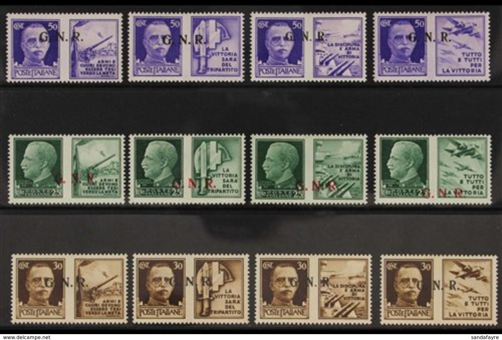 ITALIAN SOCIAL REPUBLIC 1944 "G.N.R." Overprints On War Propaganda Issue Complete Basic Set (Sassone 13/24, SG 21/32), N - Unclassified