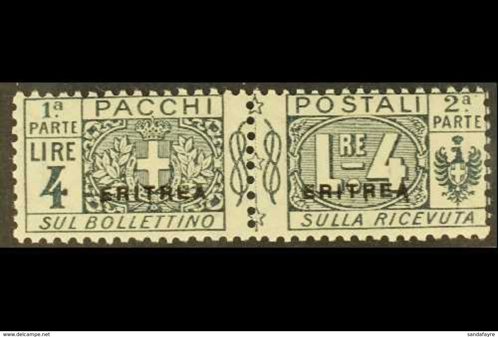 ERITREA PARCEL POST 1916 4L Slate With Small "ERITREA" Overprint, Sassone 8 Or SG P60, Fine Mint Horizontal Pair, Signed - Other & Unclassified