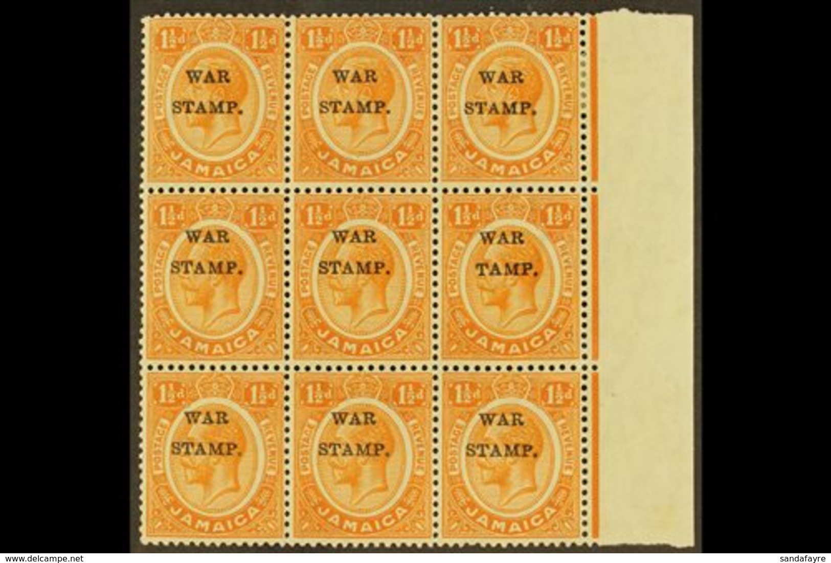 1916 1½d Orange Ovptd "War Stamp", Variety "S In Stamp Omitted", SG 71b, In Marginal Block Of 9 With Normals, Superb NHM - Jamaica (...-1961)