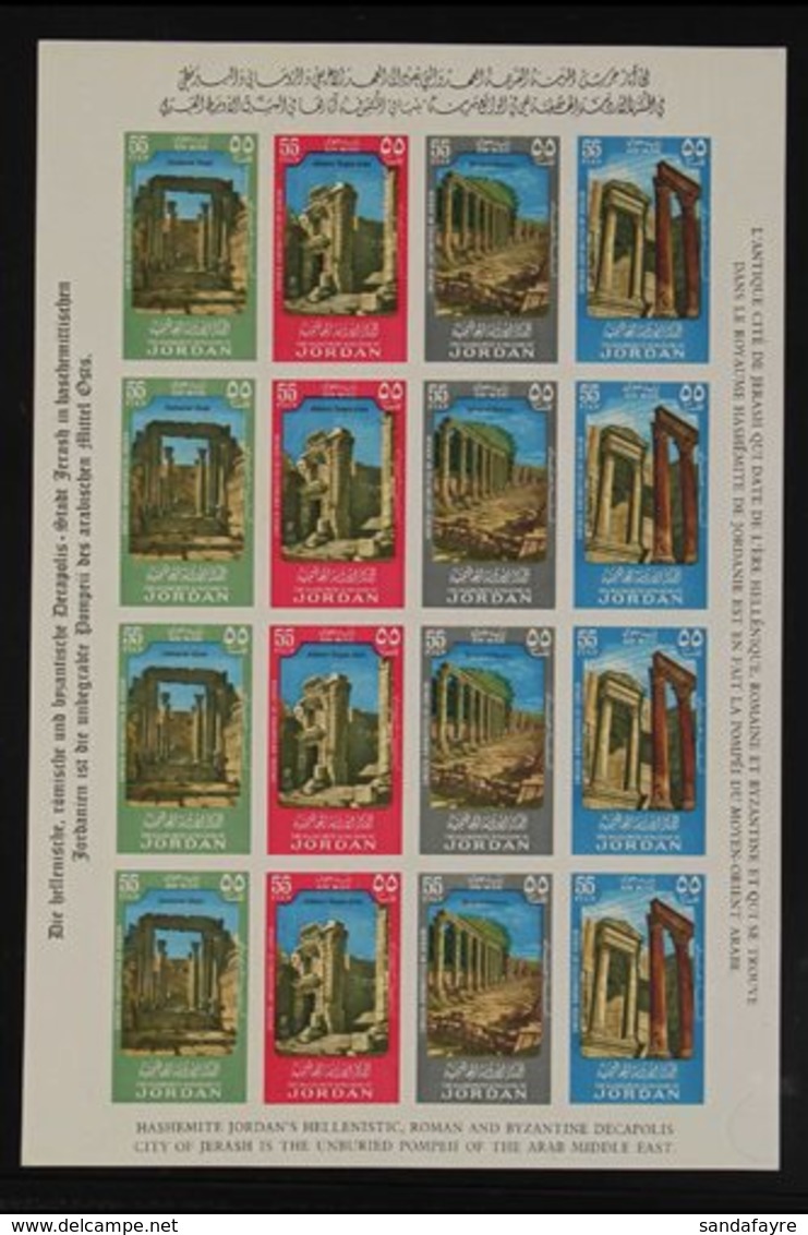 1965 Air Jerash Antiquities Complete SE-TENANT IMPERF SHEETS Of 16, Michel 524/31 B (SG 666/73 Var), Never Hinged Mint,  - Jordan