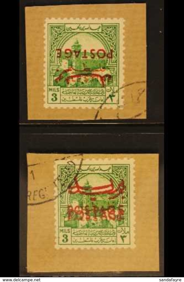 OBLIGATORY TAX - POSTAL USE 1953-56 3m Emerald "INVERTED OPT" & 3m Emerald "DOUBLE OPT" , SG 396a/96b, Individually Tied - Jordan