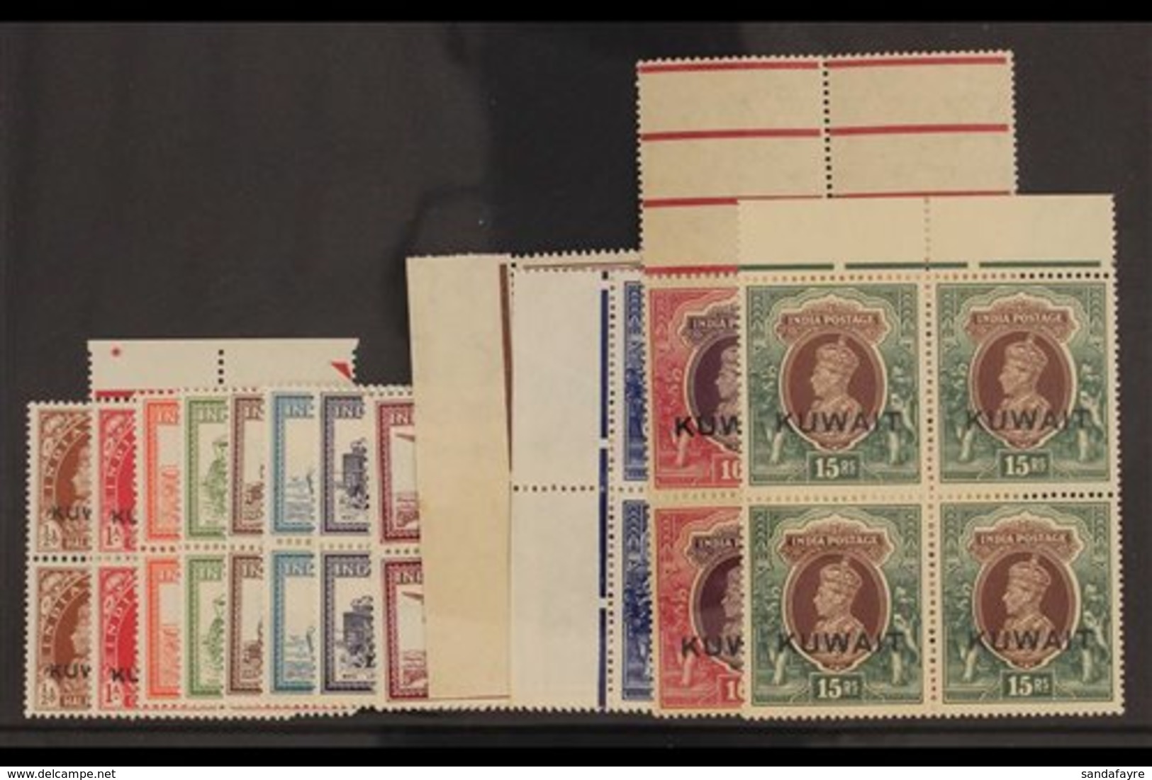 1939 Geo VI Set Complete, Less 1r (15r Wmk Invtd), SG 36 - 51 Less 47 In Never Hinged Mint Blocks Of 4. (48 Stamps) For  - Kuwait
