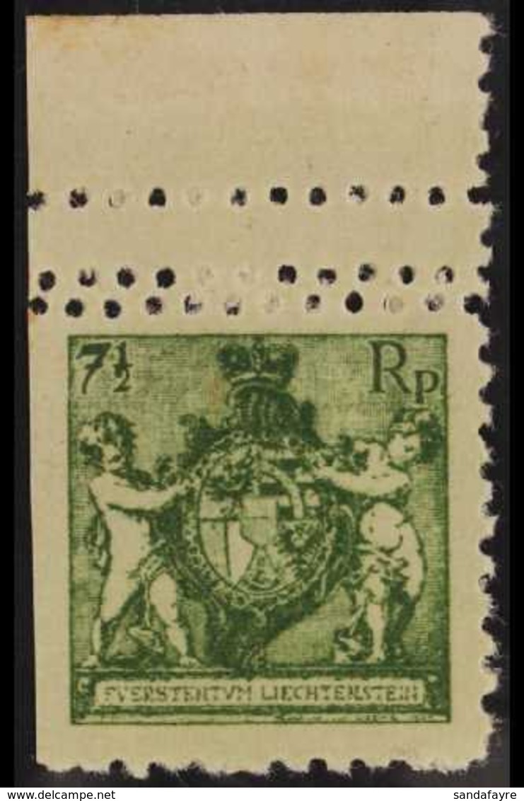 1921 7½rp Arms Perf 9½-10 COLOUR PROOF Printed In Green On Unwatermarked Paper (as Michel 49 A), Upper Marginal Example  - Otros & Sin Clasificación