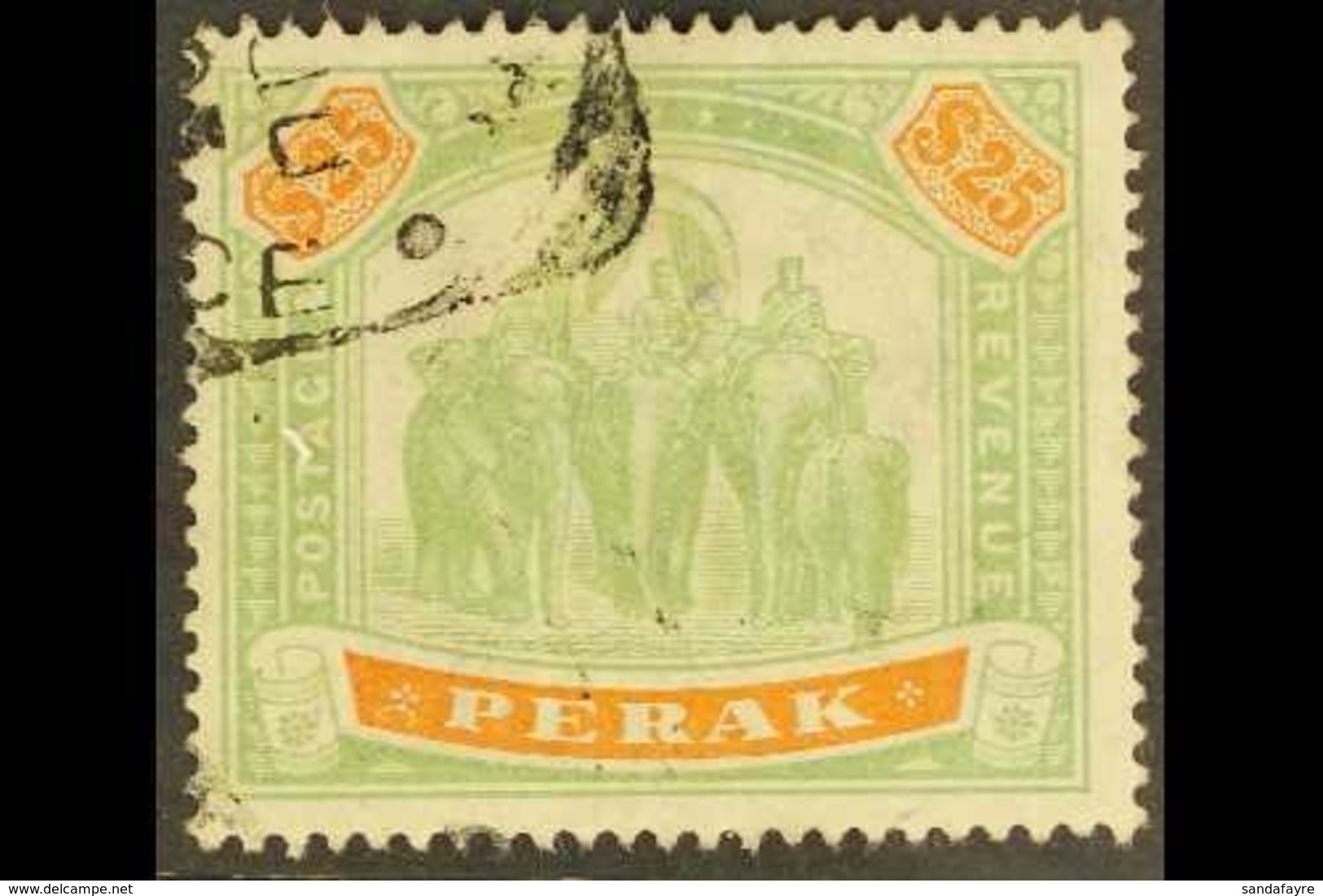 PERAK 1895-99 $25 Green & Orange Elephants, SG 80, Postally Used With "Ipoh" Squared-circle Postmark, Faded Colour, Smal - Otros & Sin Clasificación