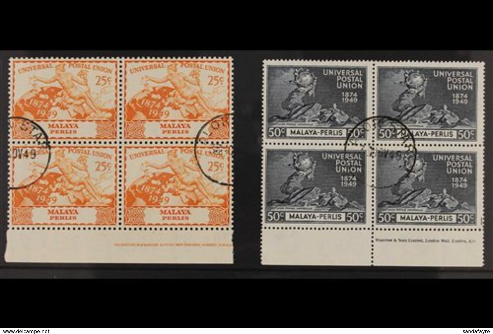 PERLIS 1949 UPU Complete Set, SG 3/6, Superb Cds Used Lower Marginal BLOCKS Of 4 With Complete Or Almost Complete IMPRIN - Otros & Sin Clasificación