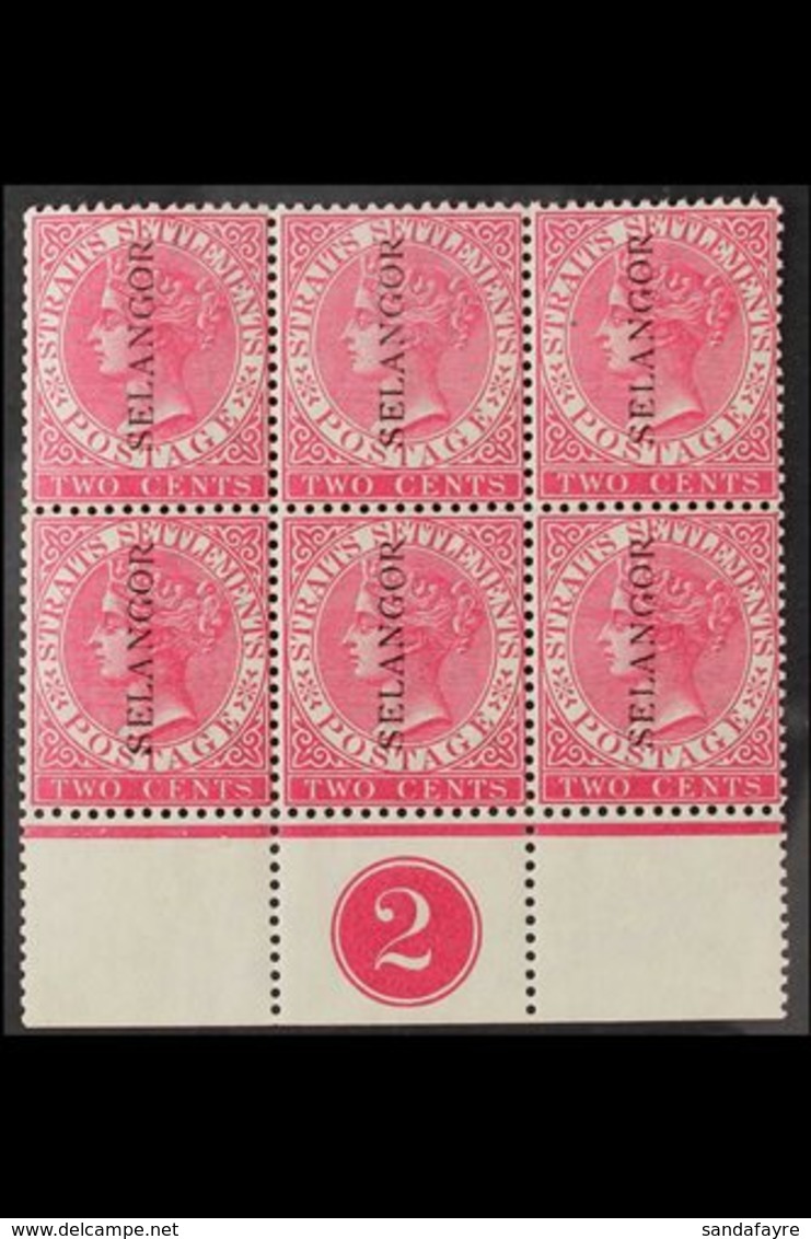 SELANGOR 1885 2c Bright Rose, SG 41, Vertical Ovpt Without Stop, Superb Never Hinged Mint Marginal Pl # Block Of 6. For  - Otros & Sin Clasificación