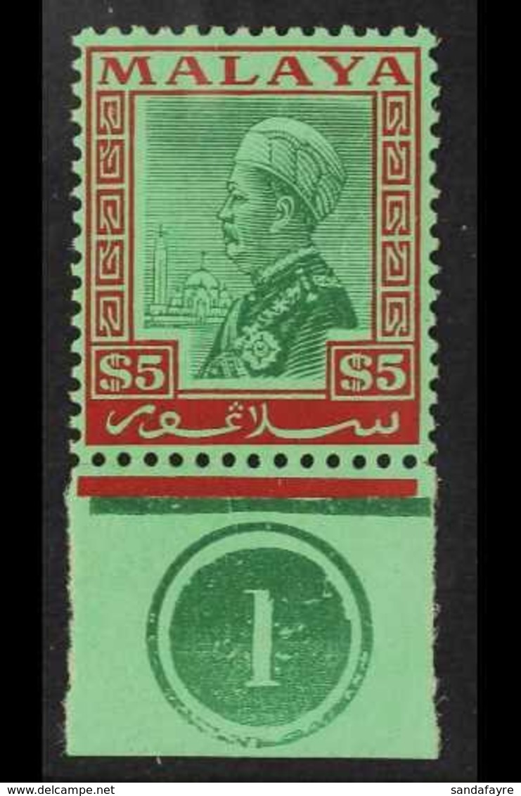SELANGOR 1935 - 41 $5 Green And Red On Emerald, Sultan, SG 85, Very Fine Marginal Pl # 1. For More Images, Please Visit  - Otros & Sin Clasificación