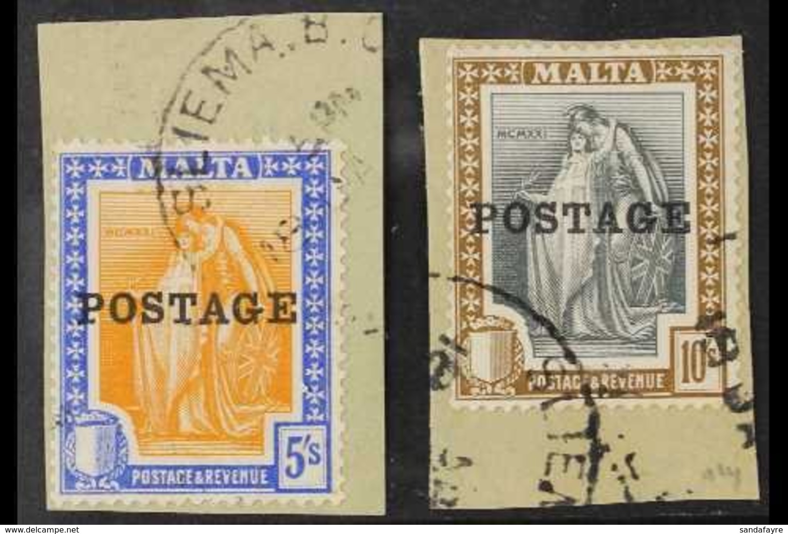 1926 5s And 10s Top Values With "POSTAGE" Overprint, SG 155/156, Each Very Fine Used On Piece With "SLIEMA" Cds. (2 Stam - Malta (...-1964)