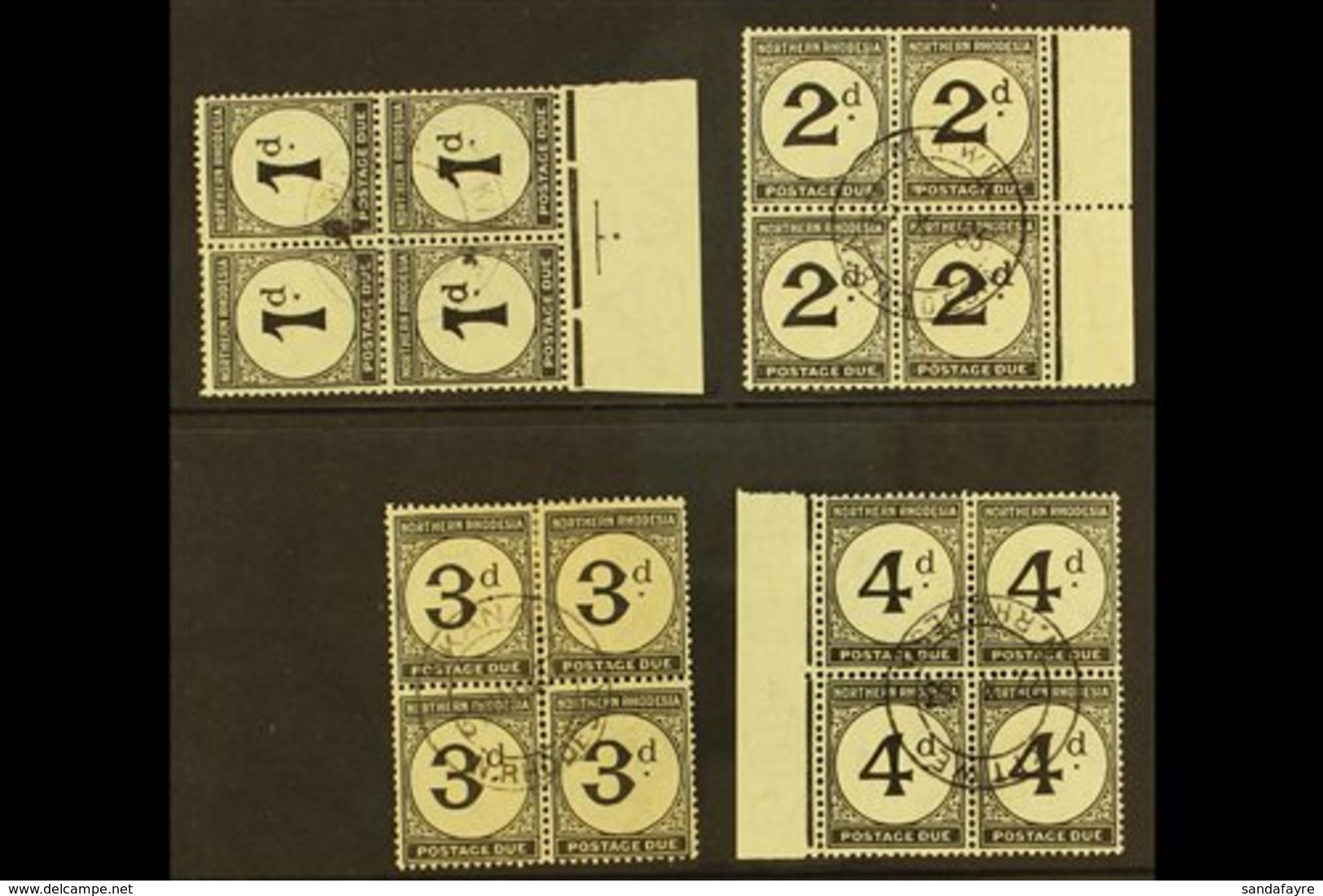 POSTAGE DUES 1929-52 Set On Ordinary Paper, BLOCKS OF 4, SG D1/4, 1d Tone Spot, 3d Slightly Toned Paper, Otherwise Very  - Northern Rhodesia (...-1963)