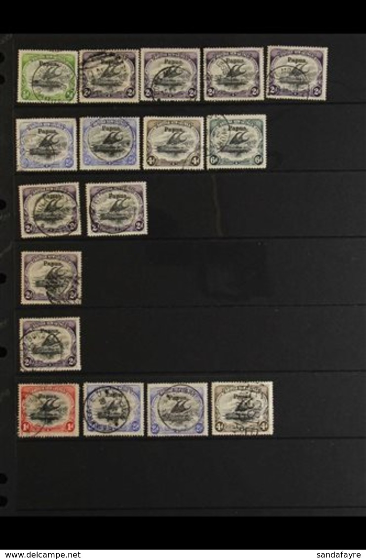 1906 Large "Papua" Overprinted Lakatoi Issues, A Range Of Postmarks Incl. Port Moresby Cds (9, Incl. 4d Vertical), Buna  - Papua Nuova Guinea