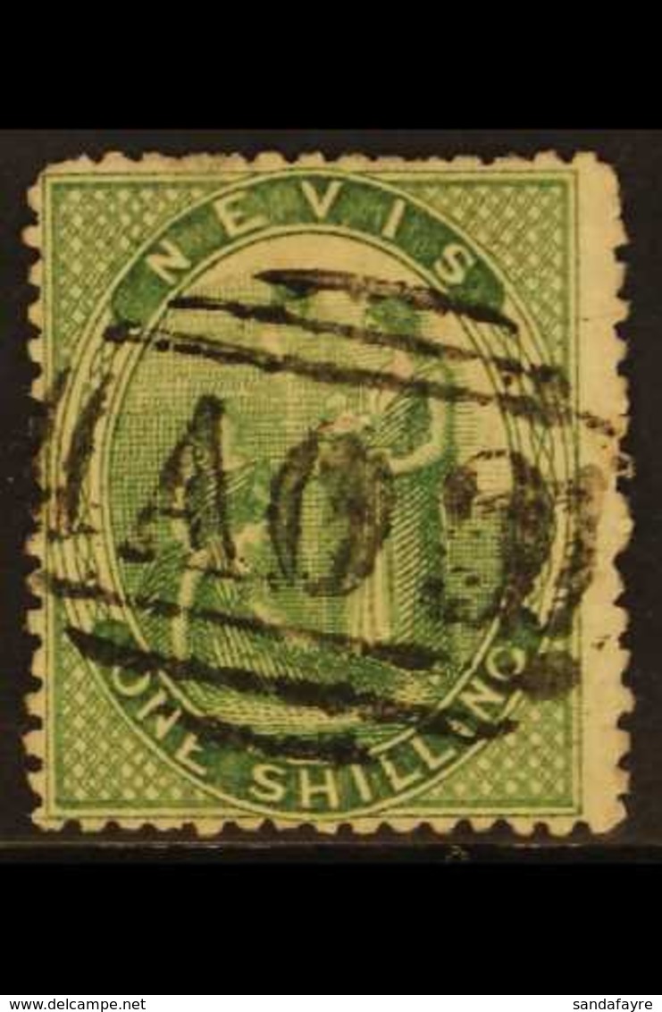 1876 1s Yellow-green, Showing Crossed Lines On Hill, SG 14b, Neat Almost Full Upright "AO9" Cancel, A Very Scarce Variet - St.Cristopher-Nevis & Anguilla (...-1980)