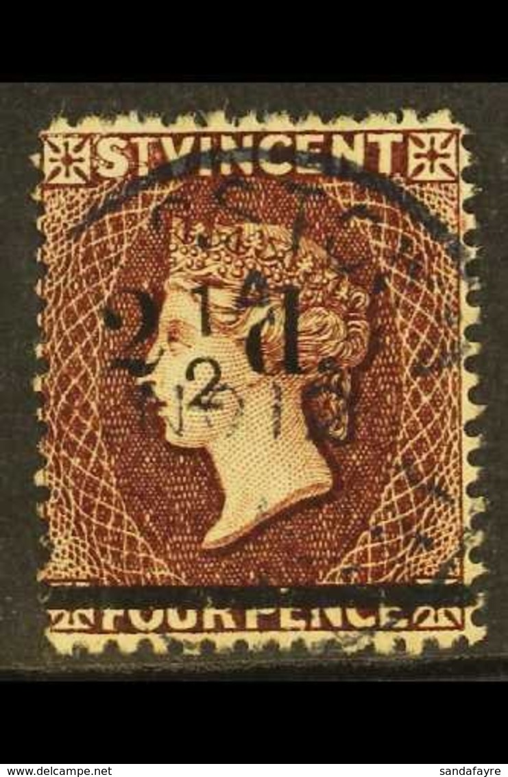1890 2½d On 4d Chocolate, Variety "no Fraction Bar", SG 54a, Superb Used. Scarce Stamp. For More Images, Please Visit Ht - St.Vincent (...-1979)