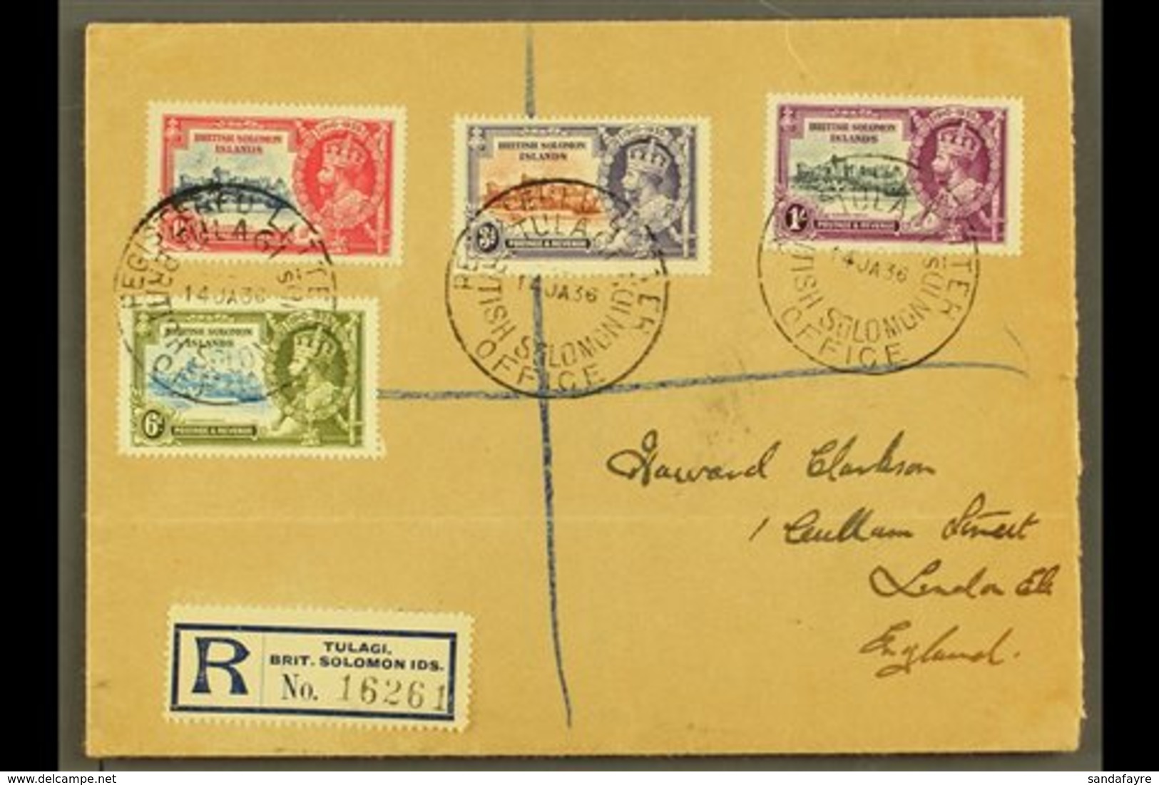 1935 Silver Jubilee Complete Set, SG 53/56. Fine Used On Reg Cover To England, Tied By REGISTERED LETTER OFFICE / TULAGI - Islas Salomón (...-1978)