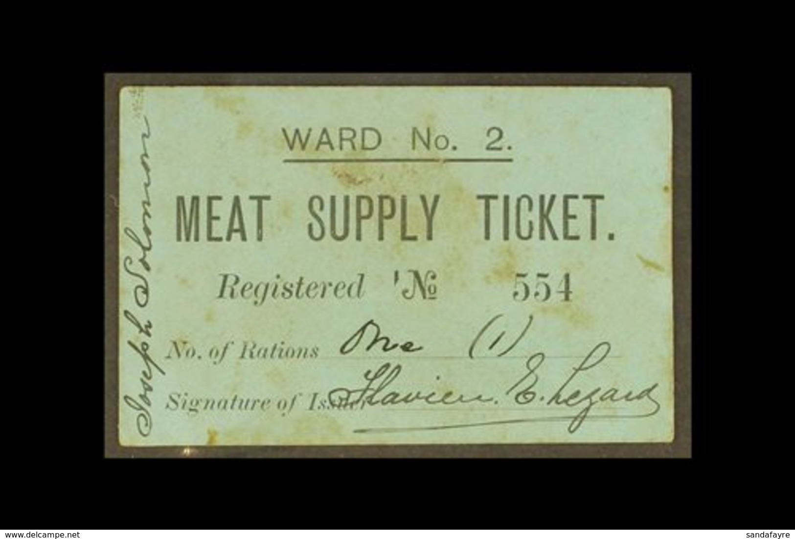 BOER WAR SIEGE NOTE - Siege Of Kimberley, black On Blue Card, "Meat Supply Ticket, Ward No. 2," Serial Number 554, Ineso - Unclassified