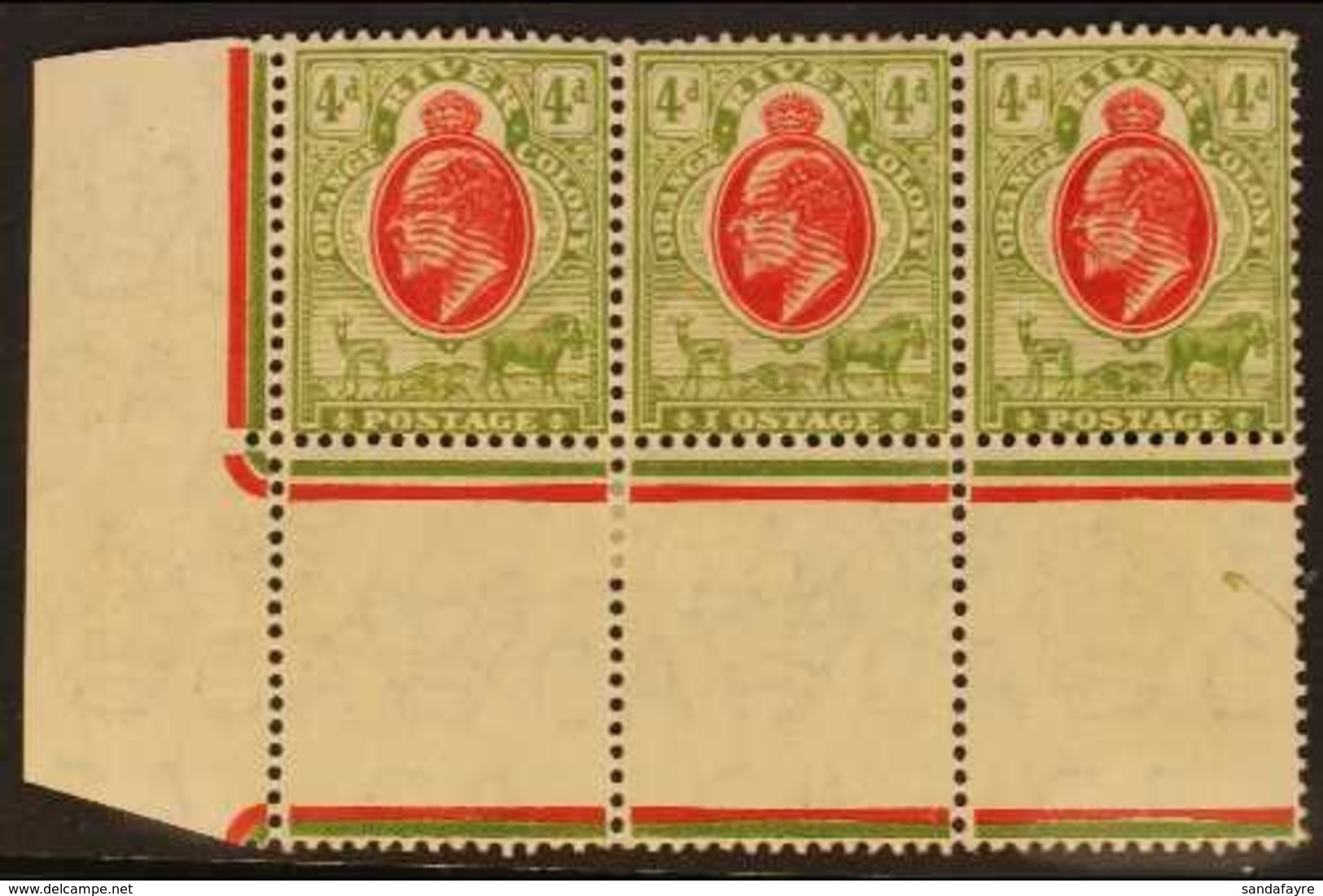 ORANGE FREE STATE 1905 4d Scarlet And Sage-green Corner Strip Of Three With Central Stamp Having The "I OSTAGE", SG 150+ - Unclassified