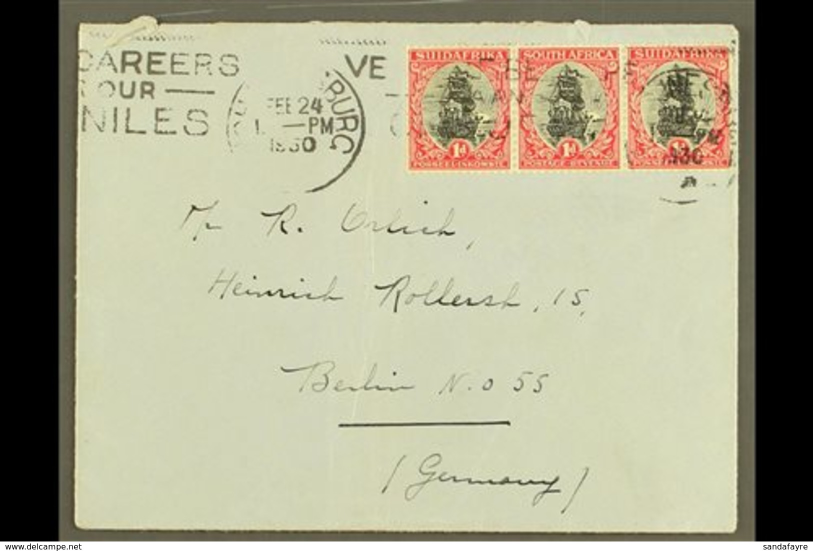 1926-7 1d Black & Red, Pretoria Printing, Perf.13½x14, Strip Of 3 Used On 1930 Cover, SG 31d, Light Slogan Postmark, Fla - Non Classificati