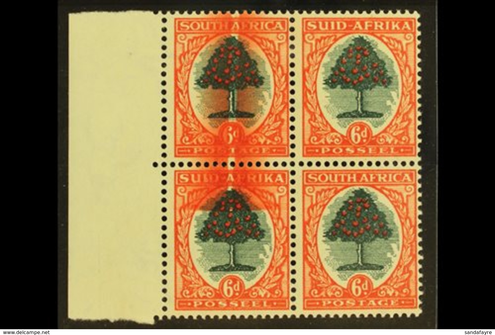 UNION VARIETY 1947-54 6d Green & Brown-orange, LARGE SCREEN FLAW In Left Marginal Block Of 4, Affects Two Stamps, SG 119 - Unclassified