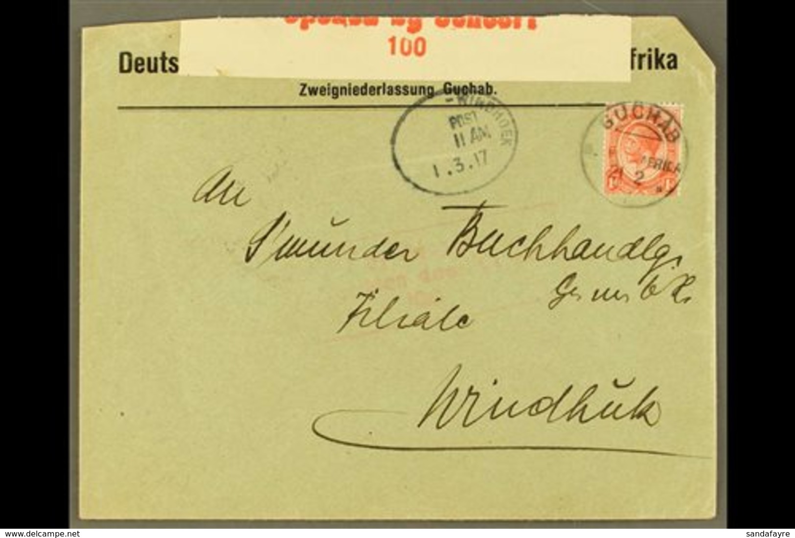 1917 (21 FEB) Censored Cover To Windhuk Bearing 1d Union Stamp Tied By "GUCHAB" Cds Cancel, Putzel Type B1b Oc (with No  - South West Africa (1923-1990)