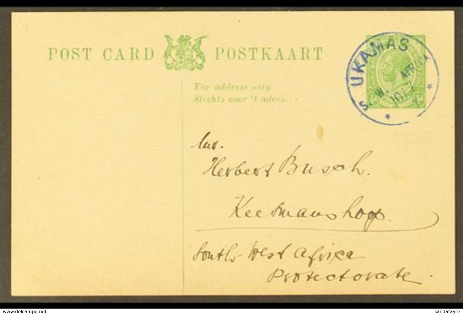 FORERUNNER 1917 (10 Jul) ½d South Africa Union Stationery Postcard To Keetmanshoop  With Very Fine "UKAMAS" C.d.s. Struc - South West Africa (1923-1990)