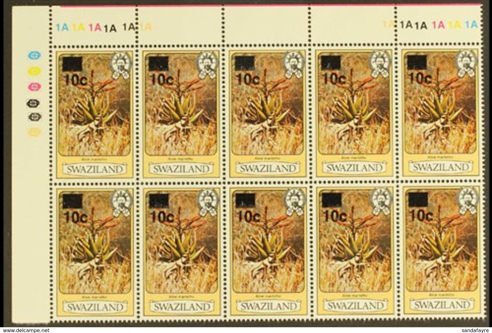 1984 10c On 4c Surcharge Perf 13½ Without Imprint Date, SG 471, Superb Never Hinged Mint Top Left Corner CYLINDER NUMBER - Swaziland (...-1967)