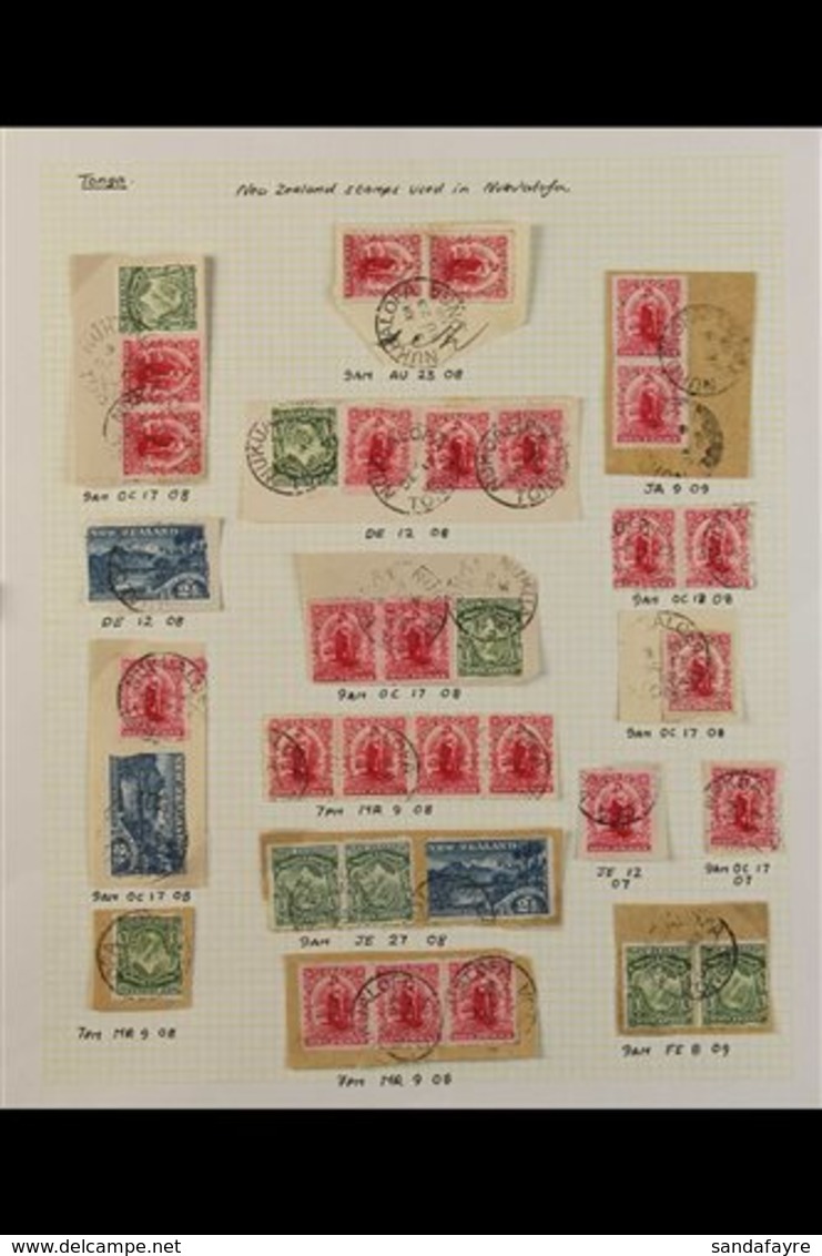 1908-09 NEW ZEALAND USED IN - SUPERB RANGE OF PIECES A Scarce Group Displayed On N Album Page, Bearing ½d Mount Cook, 1d - Tonga (...-1970)