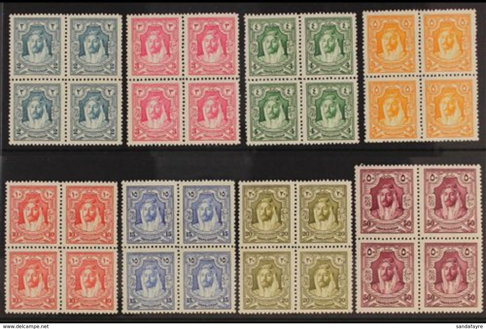 1927-29 Emir Abdullah Complete Set To 50m, SG 159/66, Superb Never Hinged Mint BLOCKS Of 4, Very Fresh. (8 Blocks = 32 S - Jordania