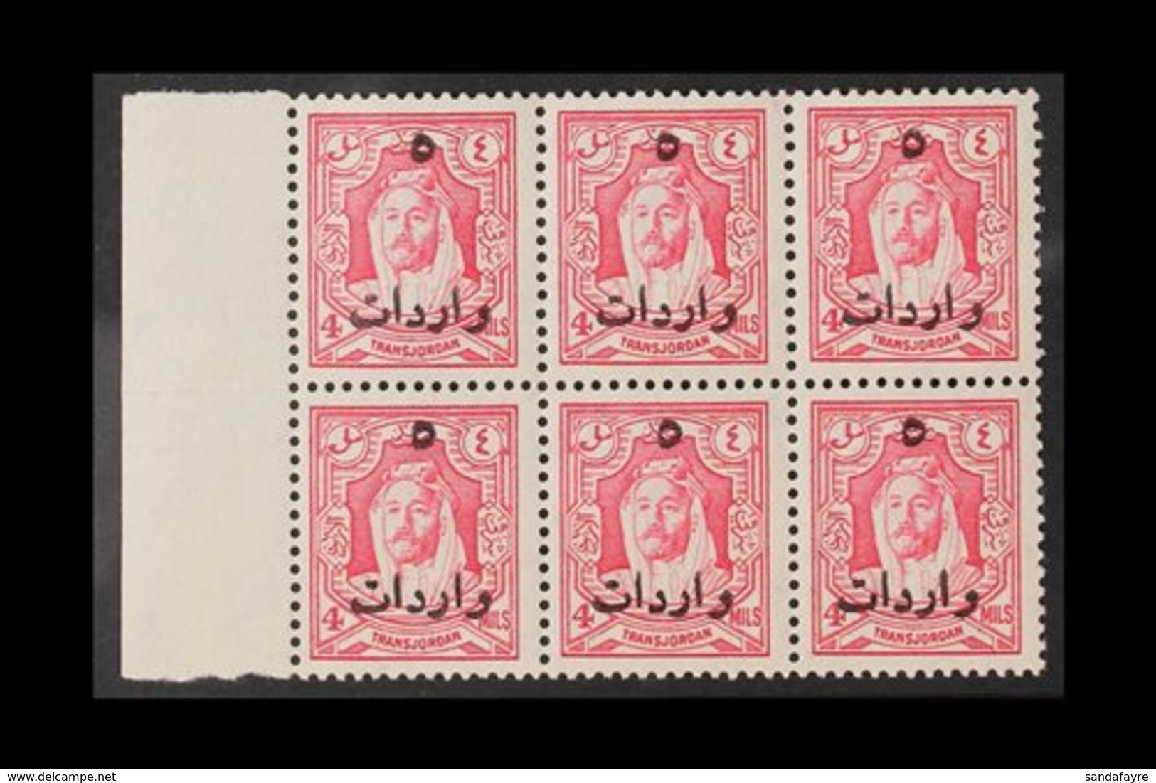 REVENUES 1930 5m On 4m Carmine-pink Overprint, Ross-Kaplanian 78, Never Hinged Mint Marginal BLOCK Of 6, Very Fresh & Sc - Jordan