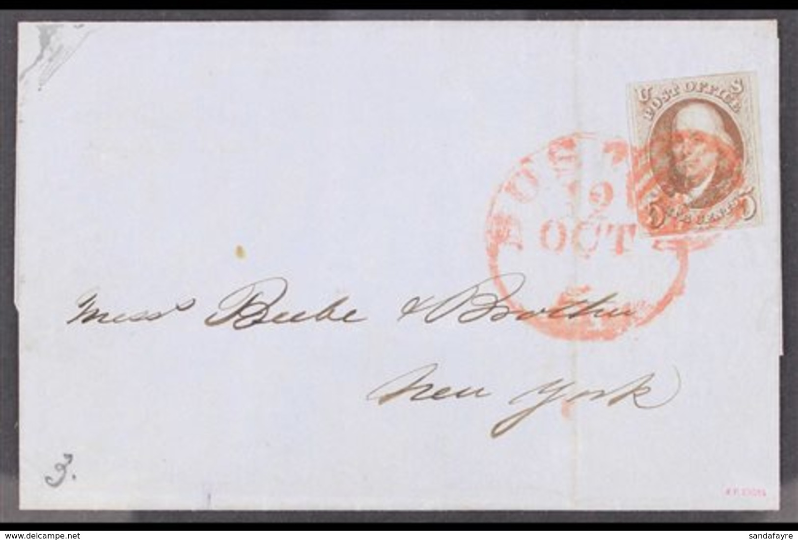 1847 5c Brown, SG 1a, On ELS To New York Tied By Red Grid & Boston Cds With 3 Margins, Just Shaved To Frame At Top, Vert - Other & Unclassified