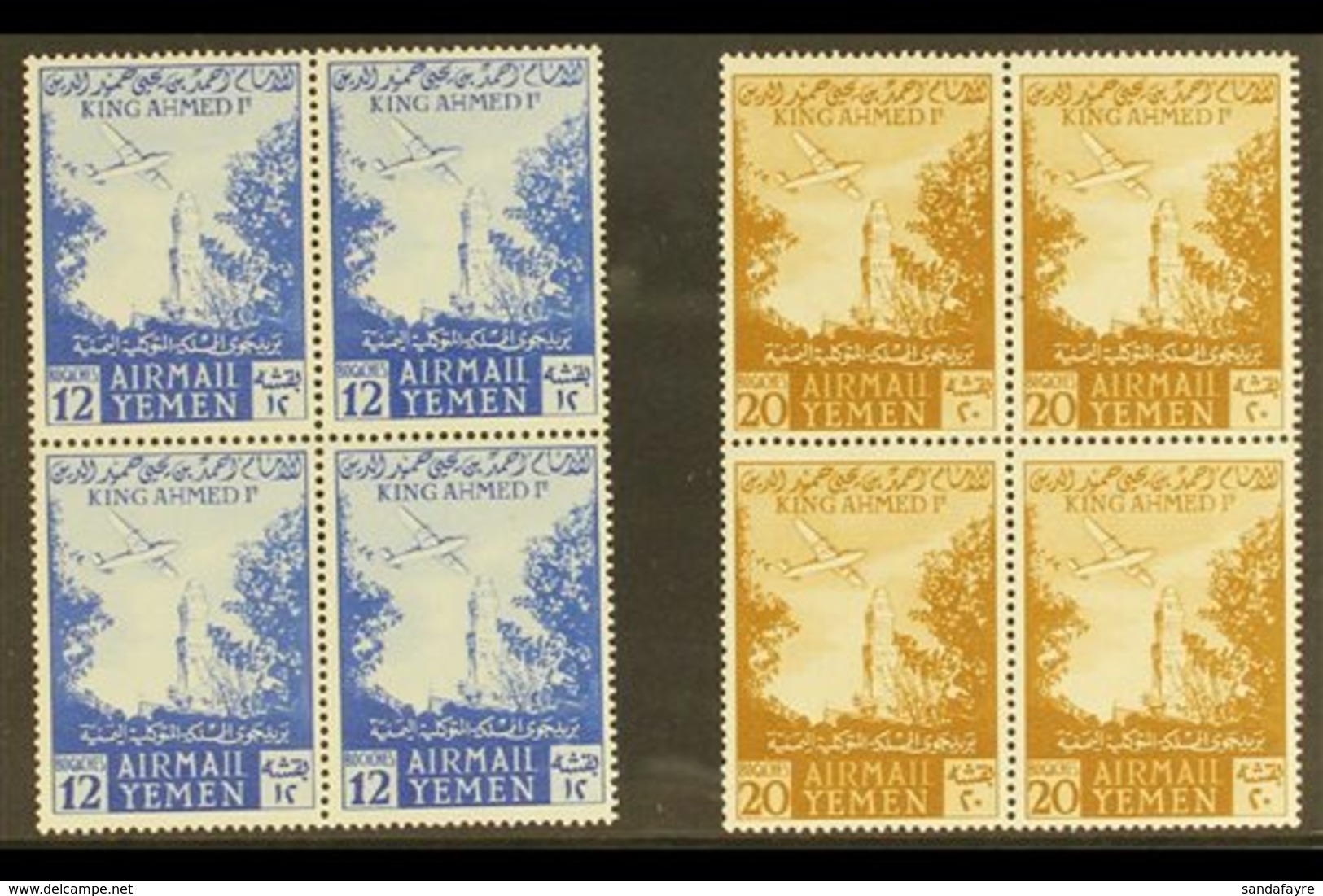 1953 Air Post 12b Bright Blue & 20b Light Bistre Brown (SG 104/05) BLOCKS OF 4, Never Hinged Mint (2 Blocks = 8 Stamps)  - Yemen