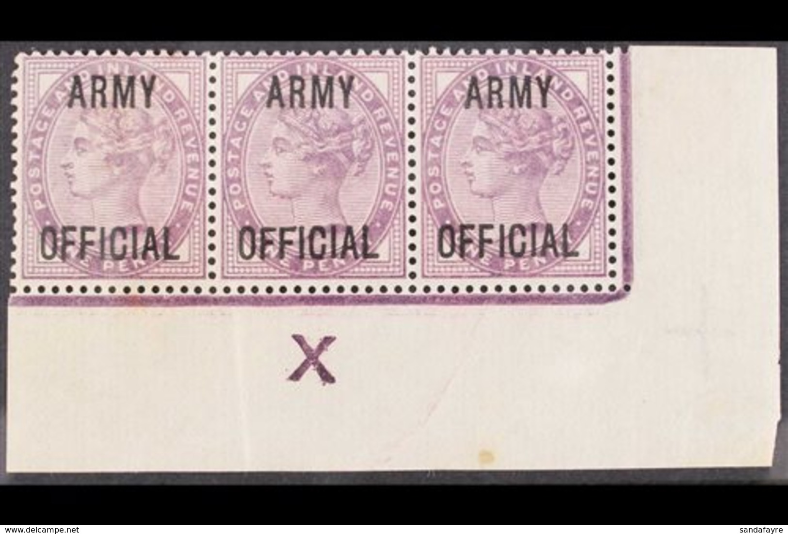 ARMY OFFICIAL 1896 1d Lilac (SG O43) Corner Strip Of Three With "X" CONTROL, Mint, Light Crease, Slight Toning But Scarc - Otros & Sin Clasificación