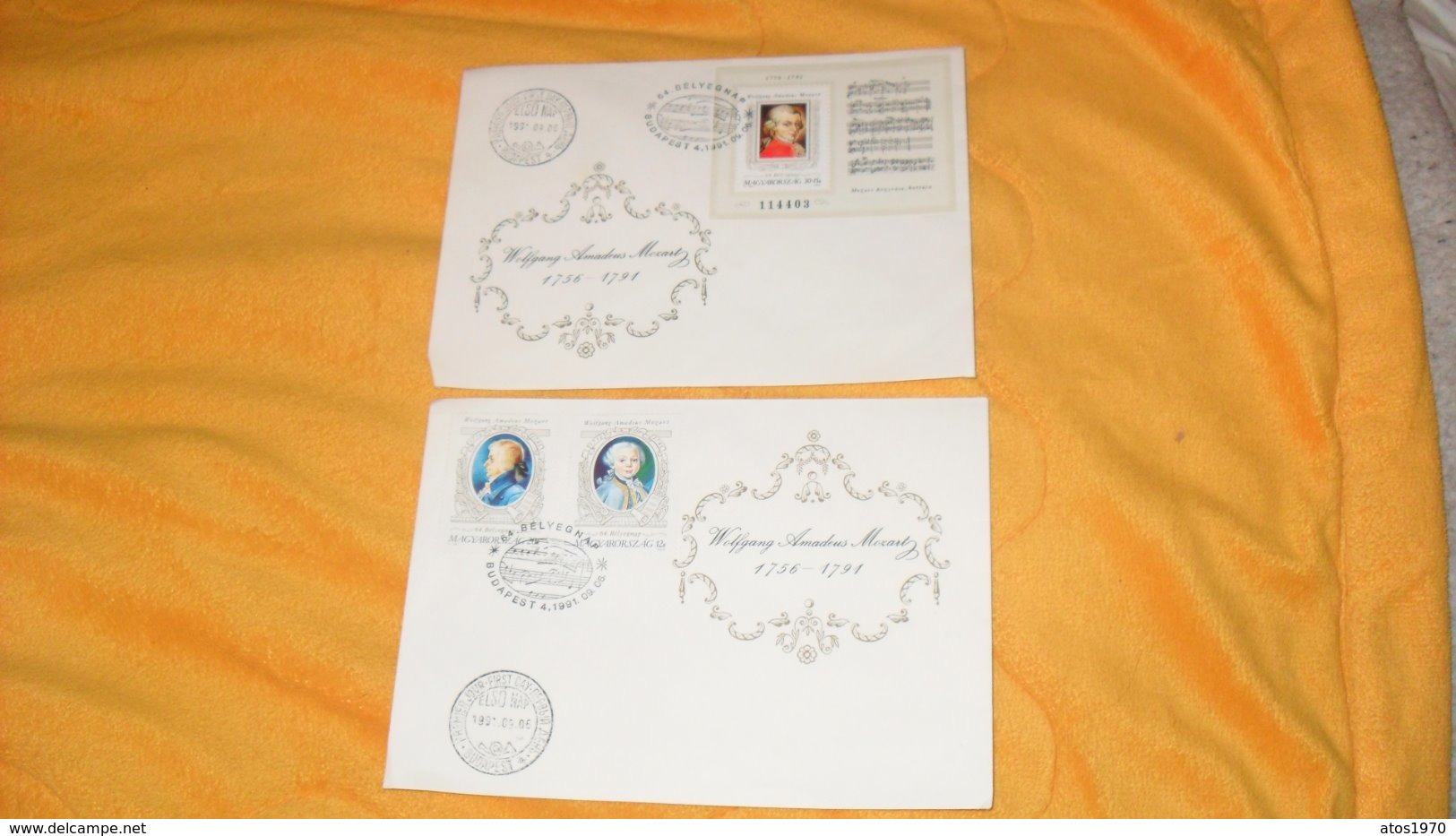 LOT DE 2 ENVELOPPES FDC DE 1991...WOLFGANG AMADEUS MOZART..CACHETS BUDAPEST + TIMBRE ET BLOC.. - FDC