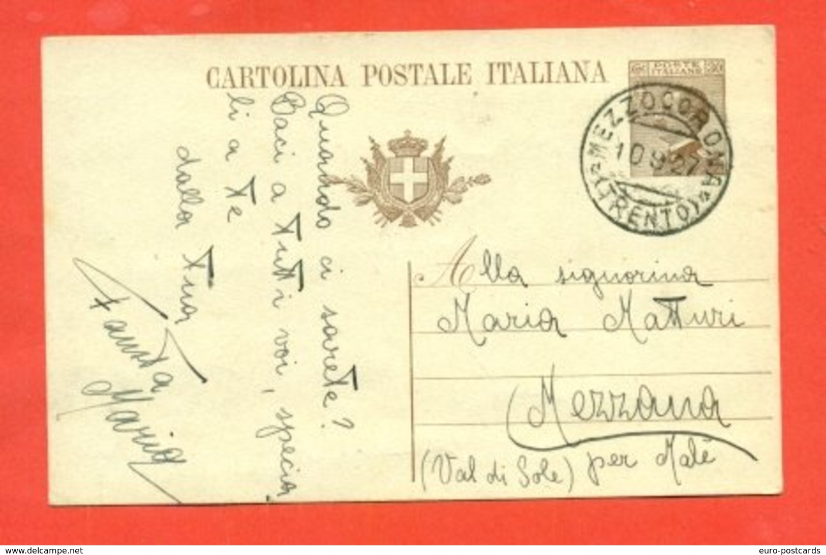 INTERI POSTALI- C61/A DA MEZZOCORONA PER VEZZANA-10/9/27-DATA ANNULLO ANTERIORE ALLA DATA EMISSIONE DELLA C.P. - Entiers Postaux