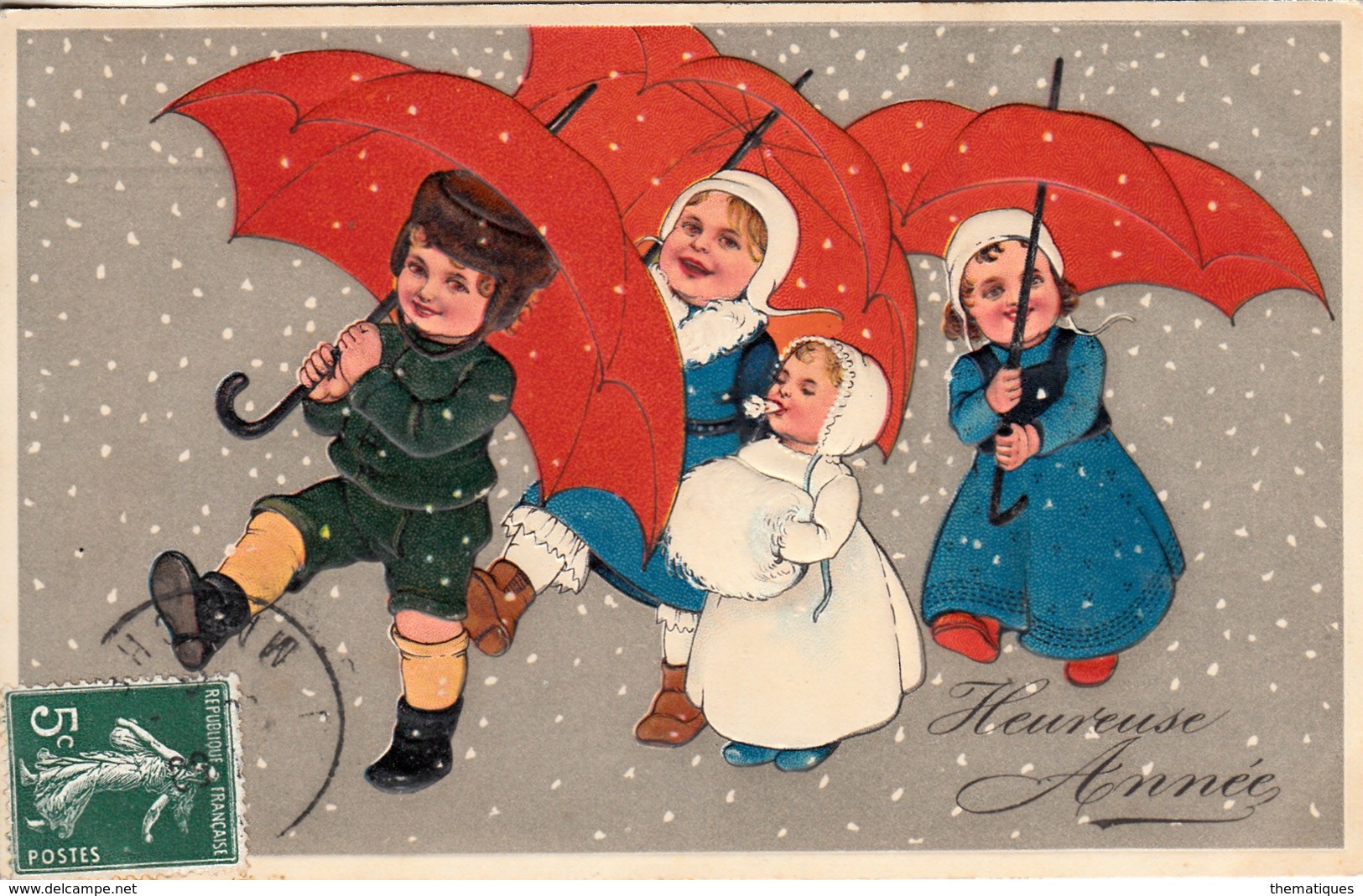 Thematiques Voeux Bonne Année Enfants Defile Sous Les Parapluies Ecrite En 1908 CP En Relief - Nieuwjaar