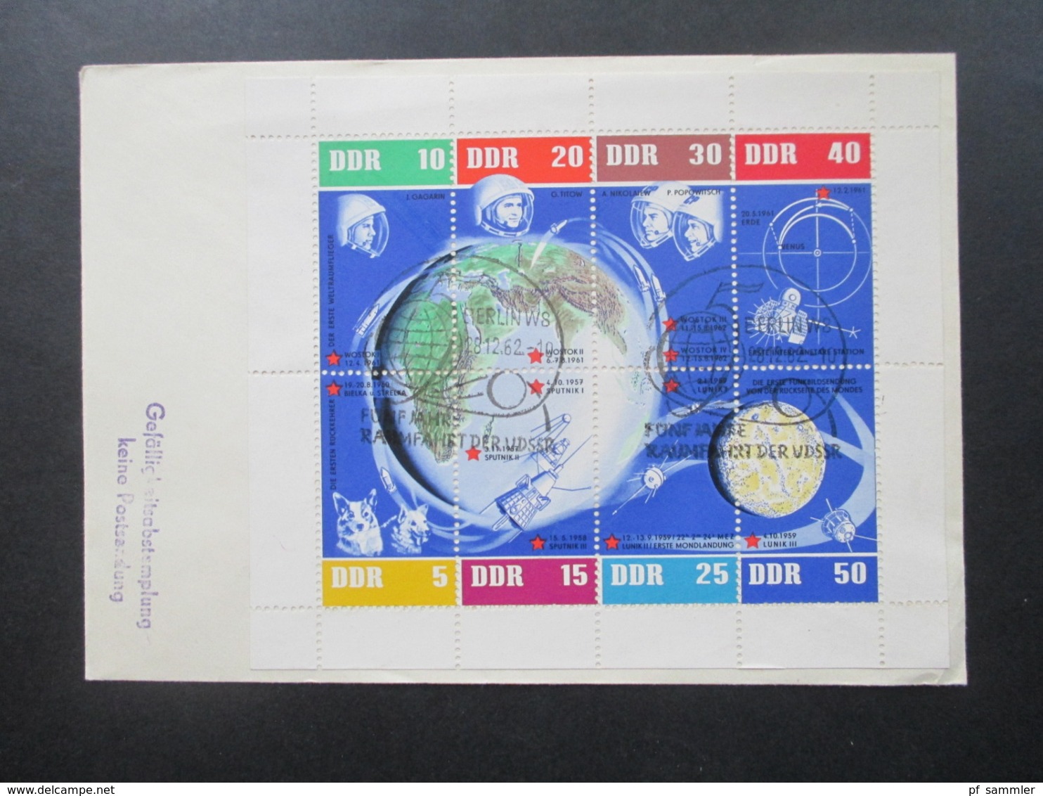 DDR 1962 Kleinbogen Raumfahrt 5 Jahre Solwjetische Weltraumflüge Blankoumschlag Und SST Vom Ersttag - Briefe U. Dokumente