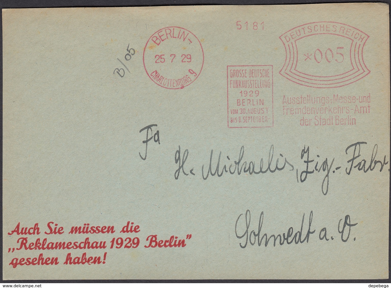 DR. Freistempel, 'Grosse Deutsche Funkausstellung'. BERLIN Charlottenburg 9, 25.7.1929. Front Cover / Briefstück! - Machines à Affranchir (EMA)