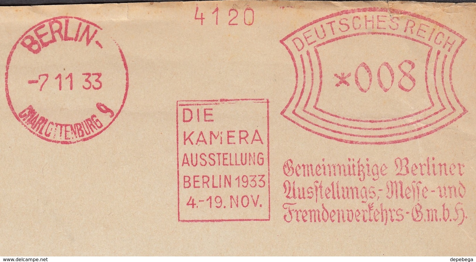 DR. Freistempel, 'Die Kamera Ausstellung Für Fotografie'. BERLIN Charlottenburg 9, 7.11.1933. Front Cover / Briefstück! - Maschinenstempel (EMA)