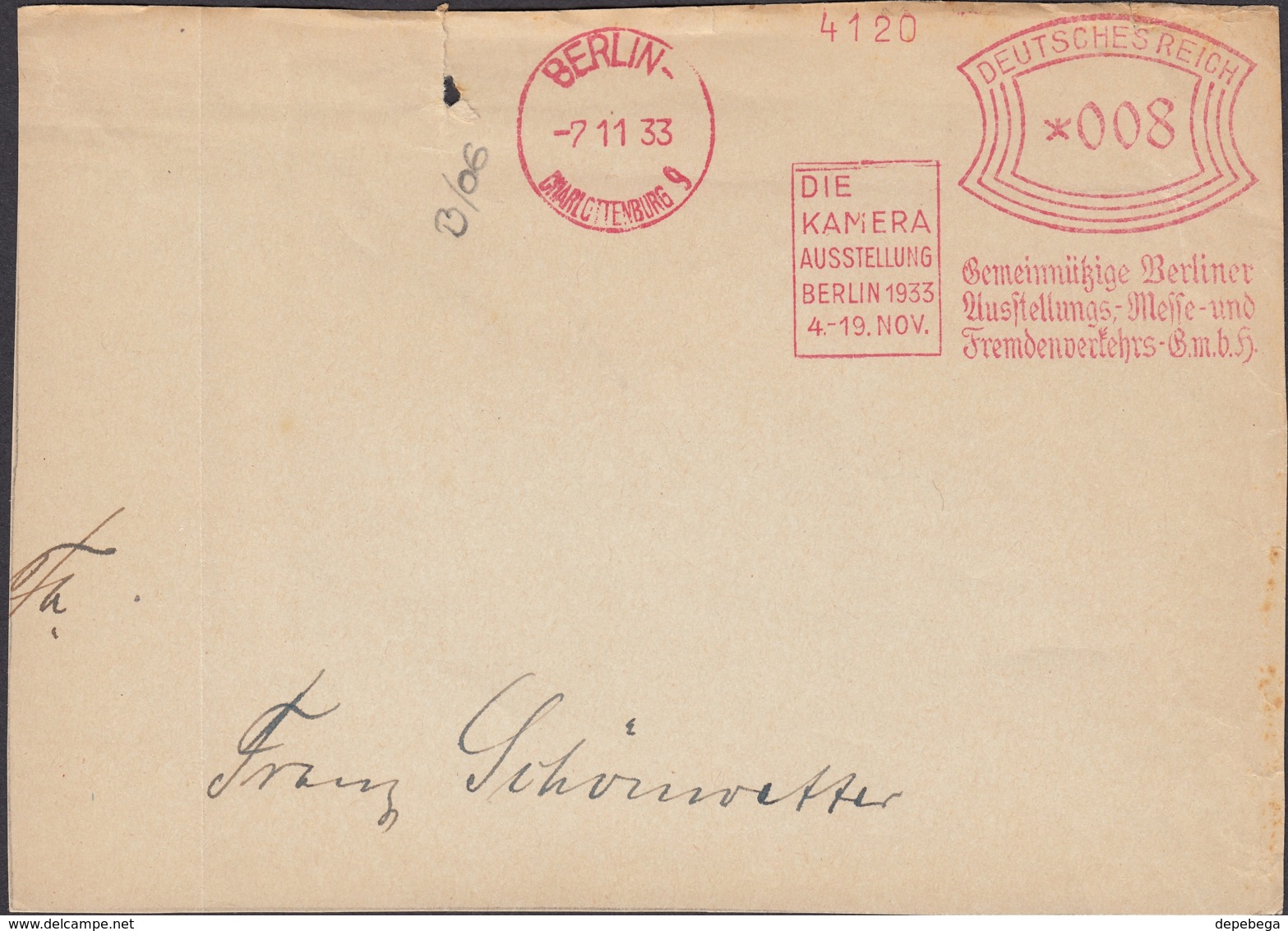 DR. Freistempel, 'Die Kamera Ausstellung Für Fotografie'. BERLIN Charlottenburg 9, 7.11.1933. Front Cover / Briefstück! - Maschinenstempel (EMA)