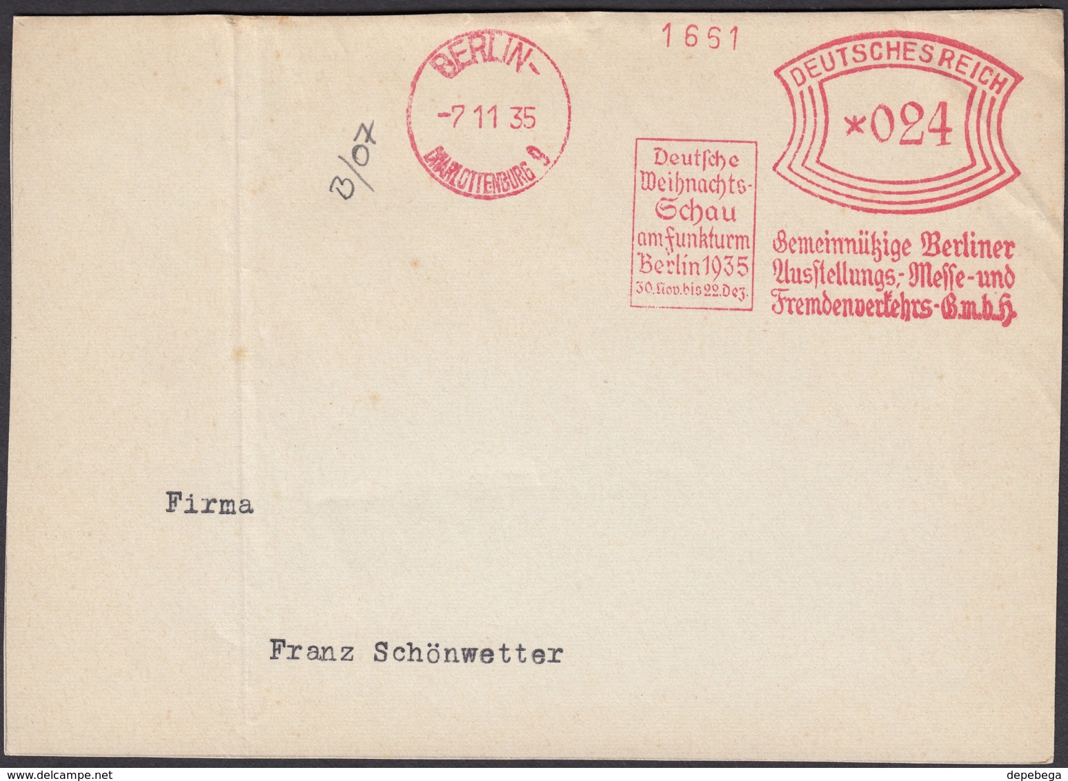 DR. Freistempel, 'Deutsche Weihnachtsschau Am Funkturm'. BERLIN Charlottenburg 9, 7.11.1935. Front Cover / Briefstück! - Franking Machines (EMA)