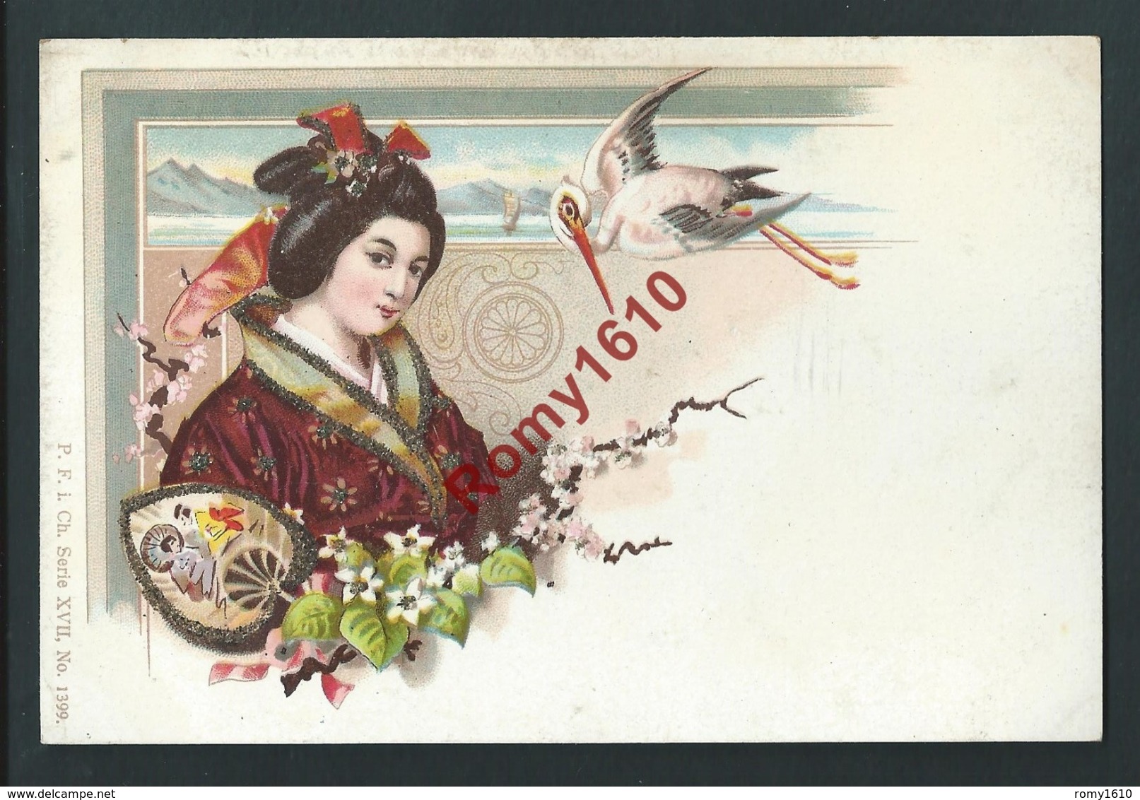 Japon. Lithographie Pailletée.Geisha, Kimono, éventail, Fleurs, Oiseau. Superbe Illustration. Rare. - Avant 1900