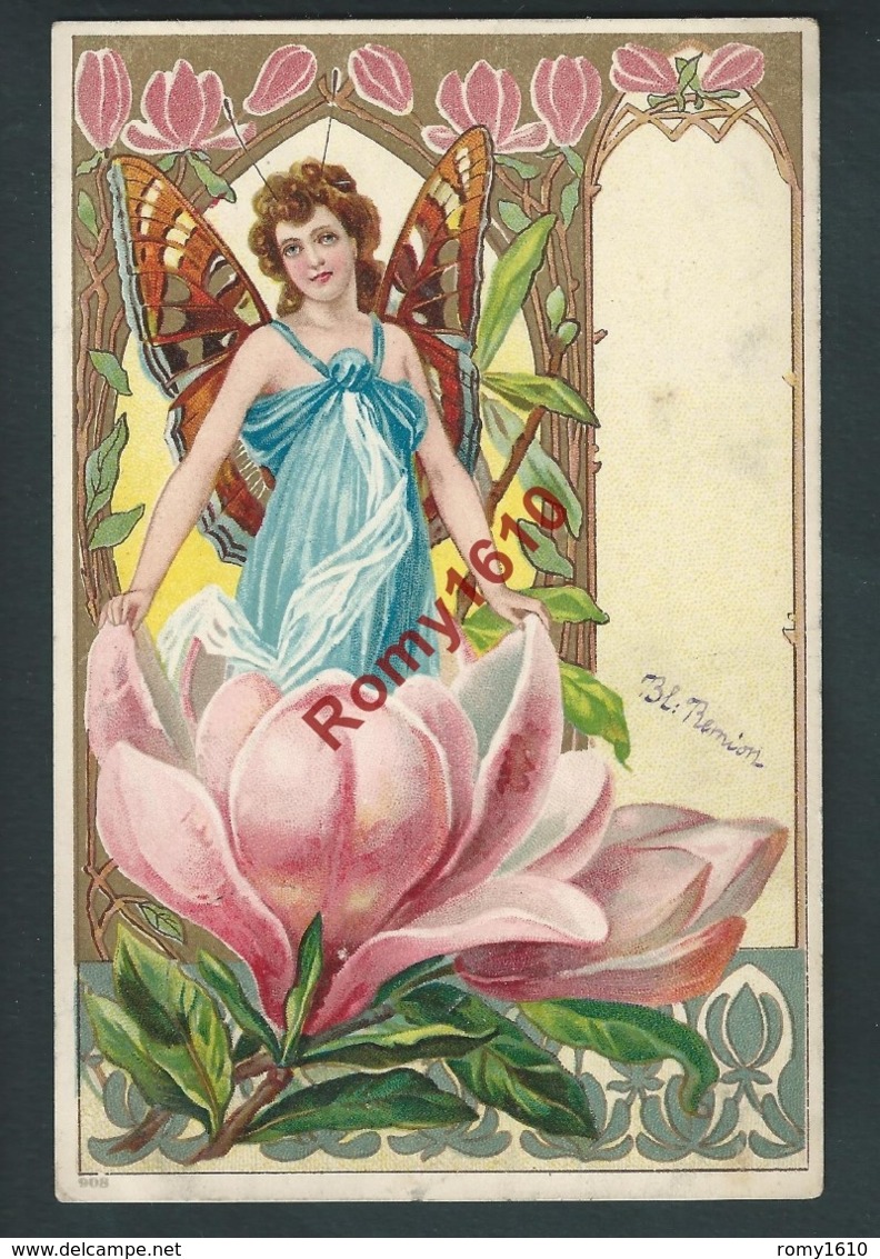 Femme Papillon Dans Un Magnolias.Art Nouveau. Surréalisme.  Très Belle Lithographie Avec Fines Dorures. N°908. 2 Scans. - 1900-1949