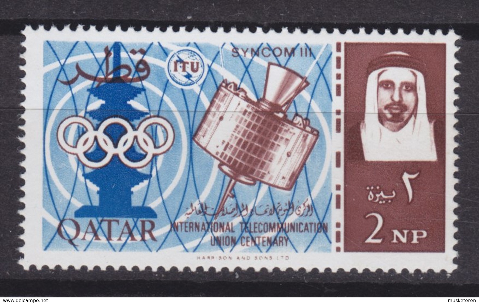 Qatar 1965 Mi. 65 A     2 NP Internationale Fernmeldeunion Pagode, Olympische Ringe, Syncom III., MH* - Qatar