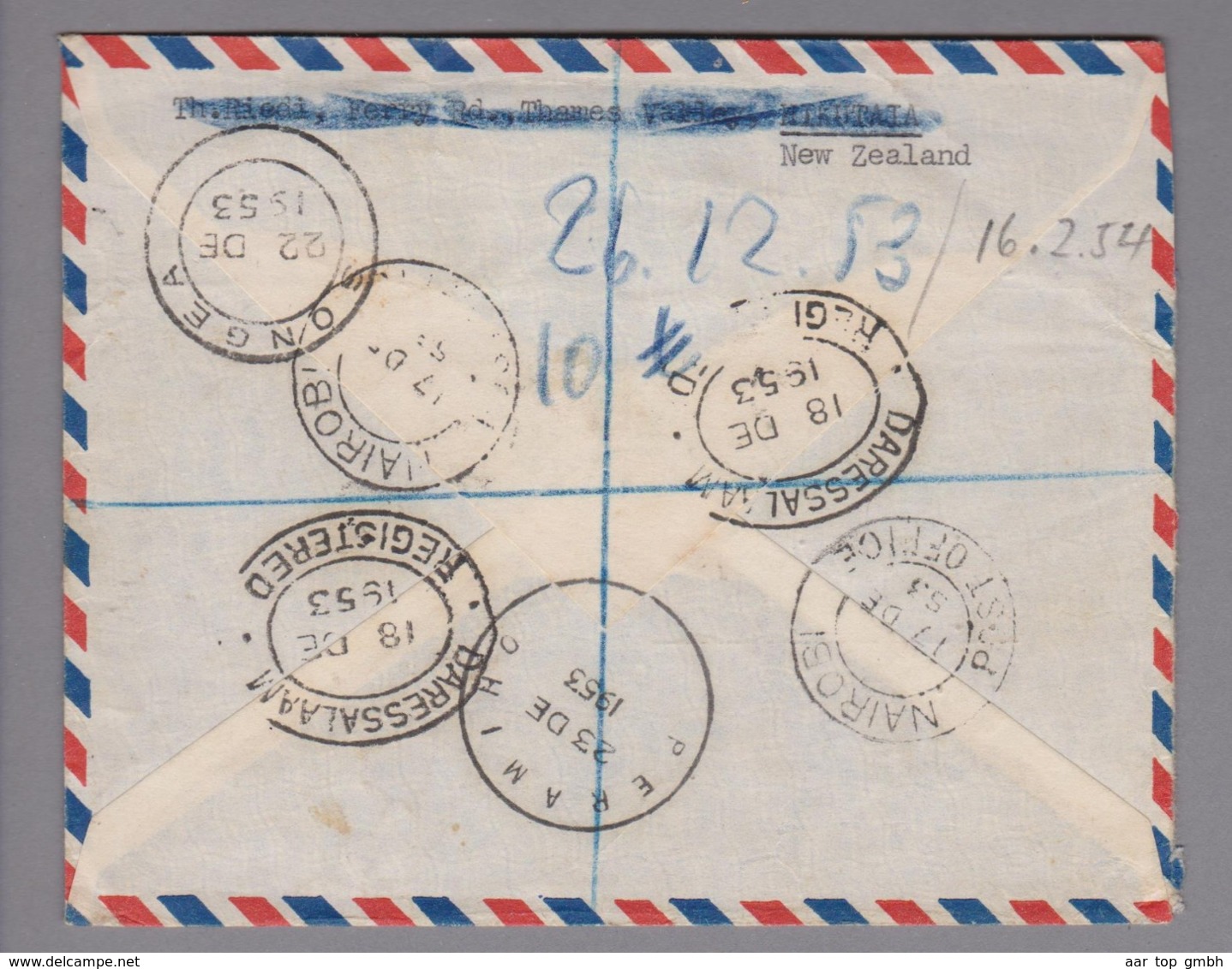 Ozeanien New Zealand 1953-12-05 Mikuta R-Brief Nach Peramiho Brit. East Africa - Lettres & Documents
