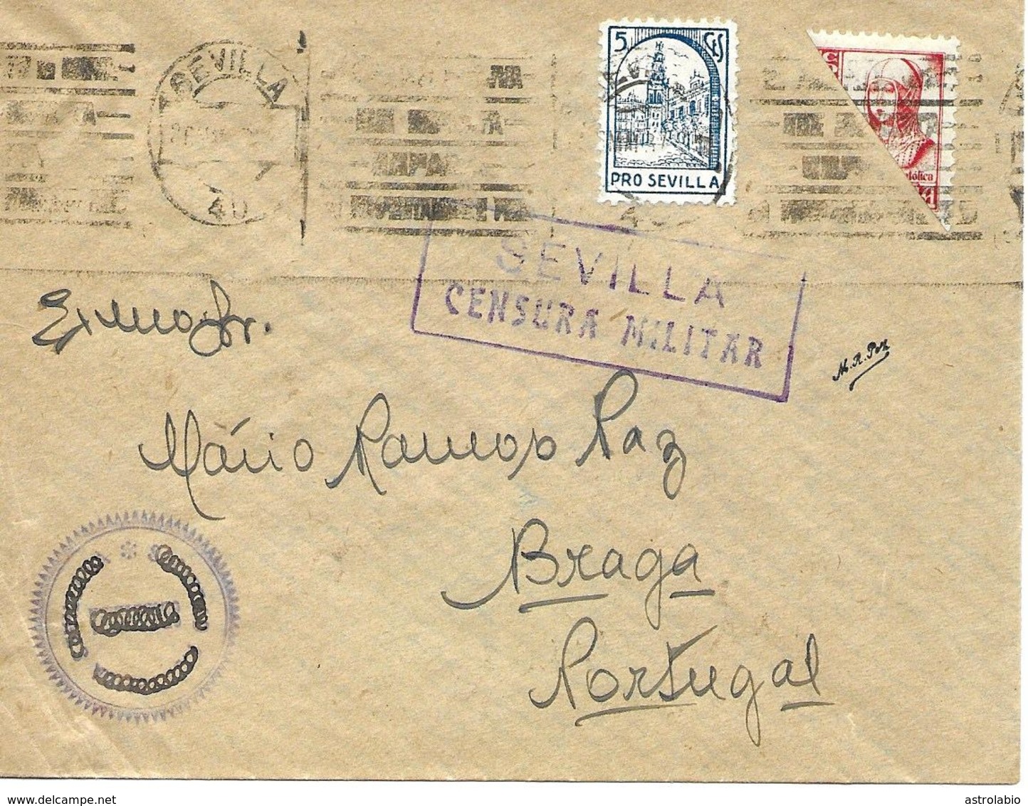 Sevilla A Portugal 1937, Locales Y Bisectado, Al Dorso Llegada. Censura. Guerre D'Espagne Ver 2 Scan - Nationalistische Ausgaben