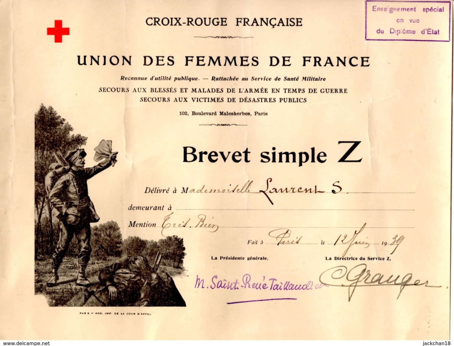 --CROIX ROUGE FRANCAISE / UNION DES FEMMES DE FRANCE / BREVET SIMPLE Z -- - Diplômes & Bulletins Scolaires