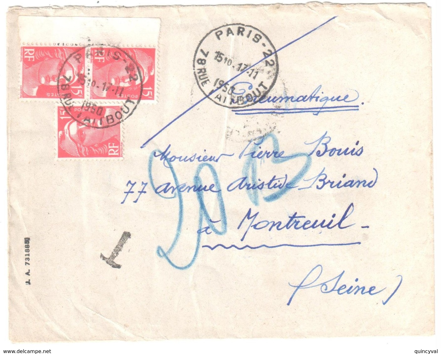 PARIS-22 R. Taitbout Pneumatique 45F Dest Montreuil/Bois Via Paris XX Ob 1950 15F Rouge Gandon Yv 813 Taxe Non Appliquée - Cartas & Documentos