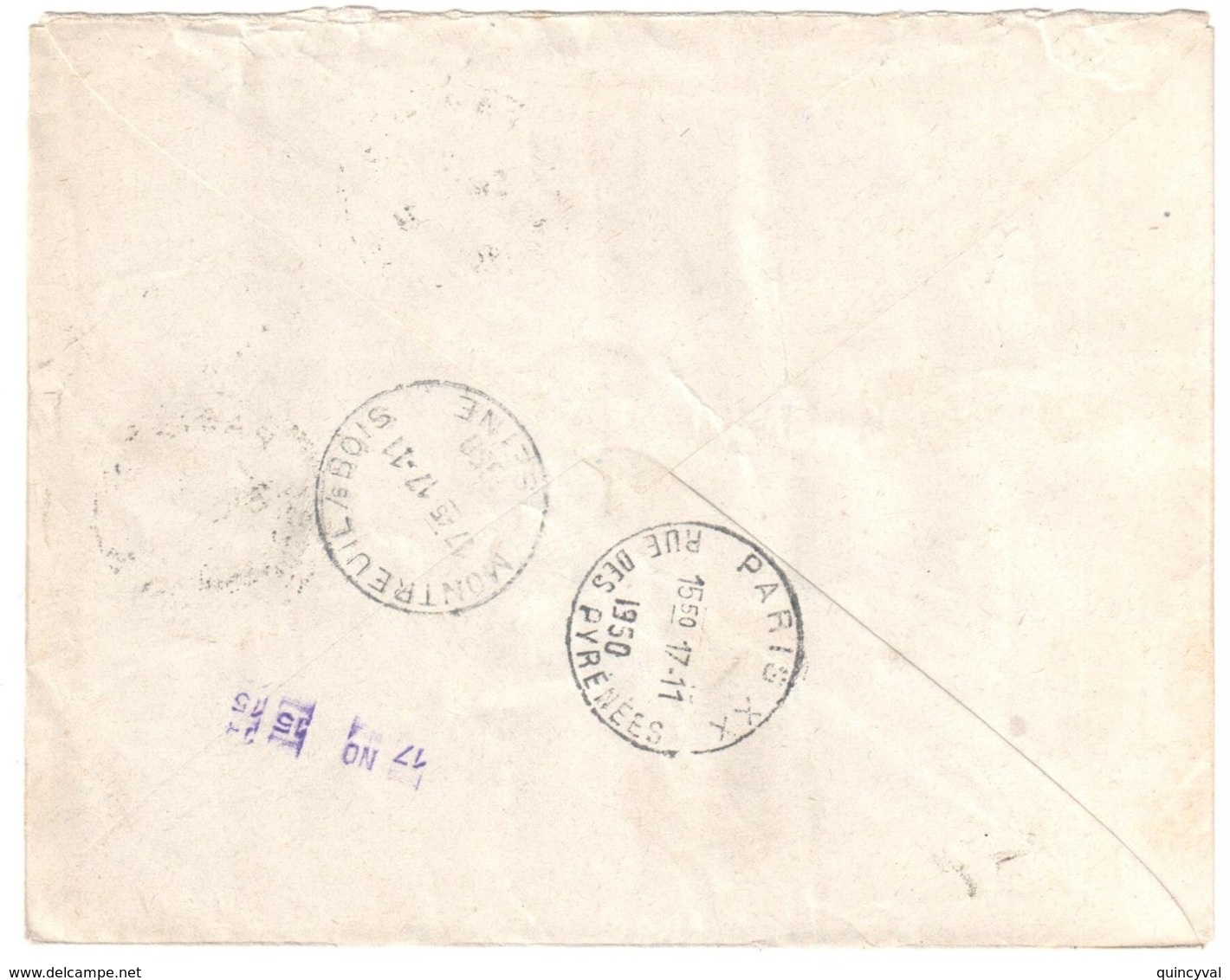 PARIS-22 R. Taitbout Pneumatique 45F Dest Montreuil/Bois Via Paris XX Ob 1950 15F Rouge Gandon Yv 813 Taxe Non Appliquée - Storia Postale