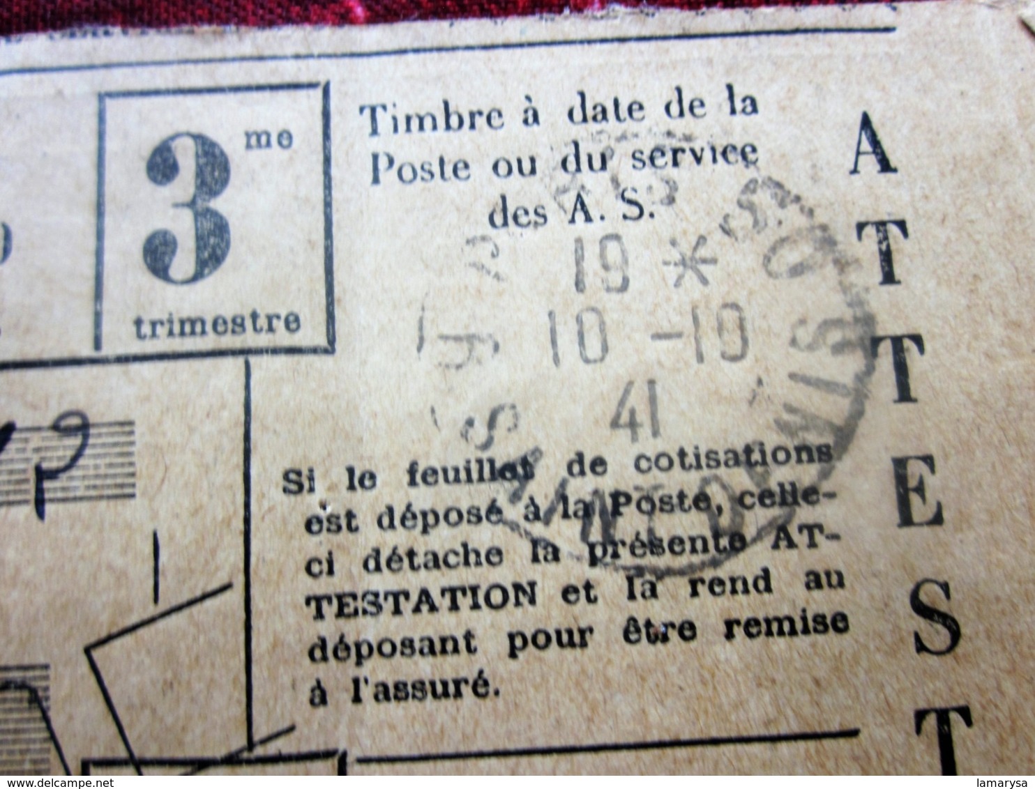 1941 ATTESTATION+REÇU ASSURANCE SOCIALE + Vignette P.T.T Cotisation -CPAM BOUCHERIE CAD PARIS 16 WW2-Document Historique - Historical Documents